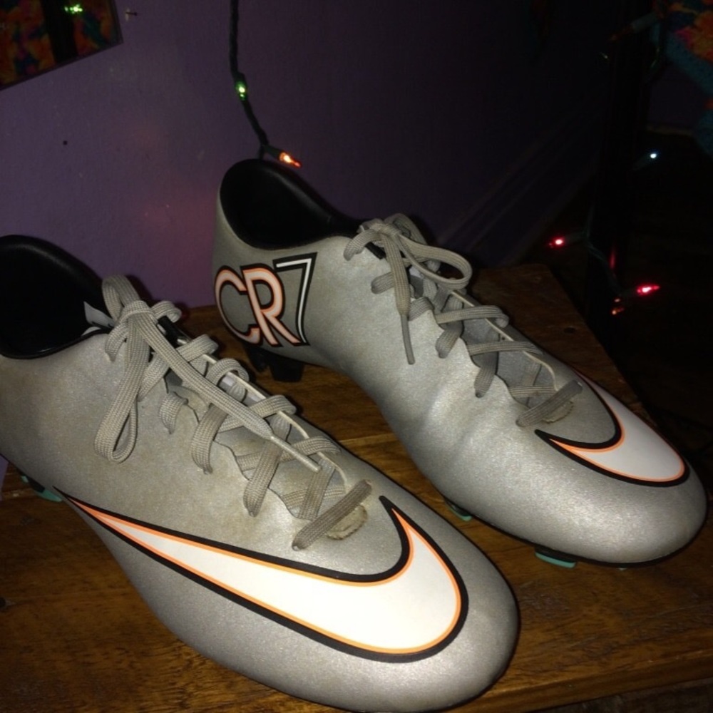 gray-and-white Nike CR7 cleats